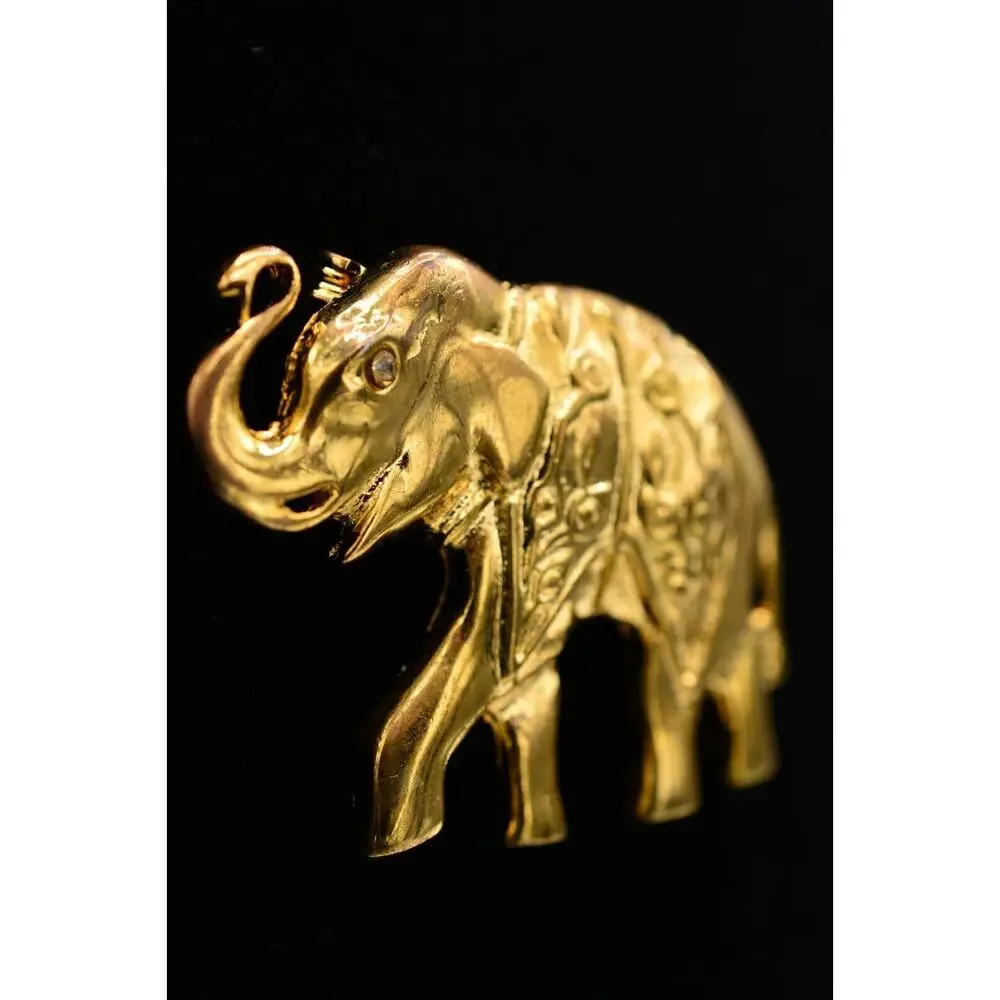 Vintage Elephant Pin Brooch Gold Rhinestone Antiqued Gold Tone Chunky 1980s 9B